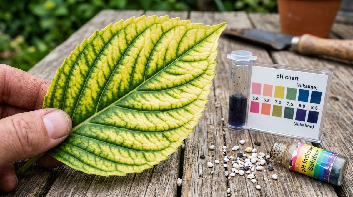Plant leaf showing interveinal chlorosis from nutrient deficiency beside a soil pH testing kit