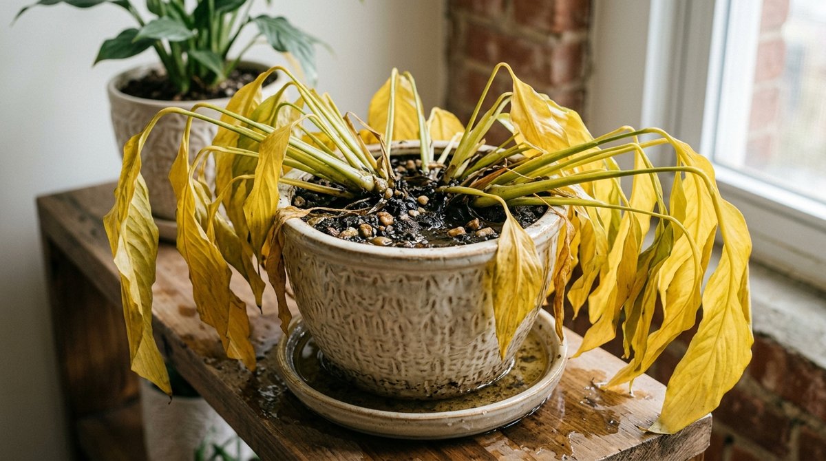 Overwatered potted houseplant with uniform yellow drooping leaves and waterlogged soil in a ceramic pot
