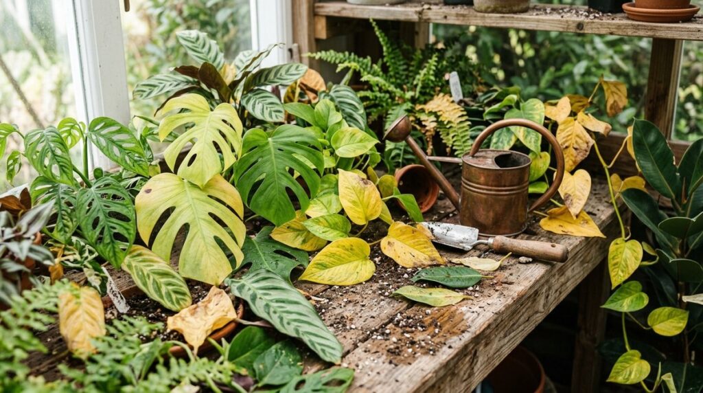 Assorted houseplant leaves ranging from healthy green to yellowing on a wooden potting bench