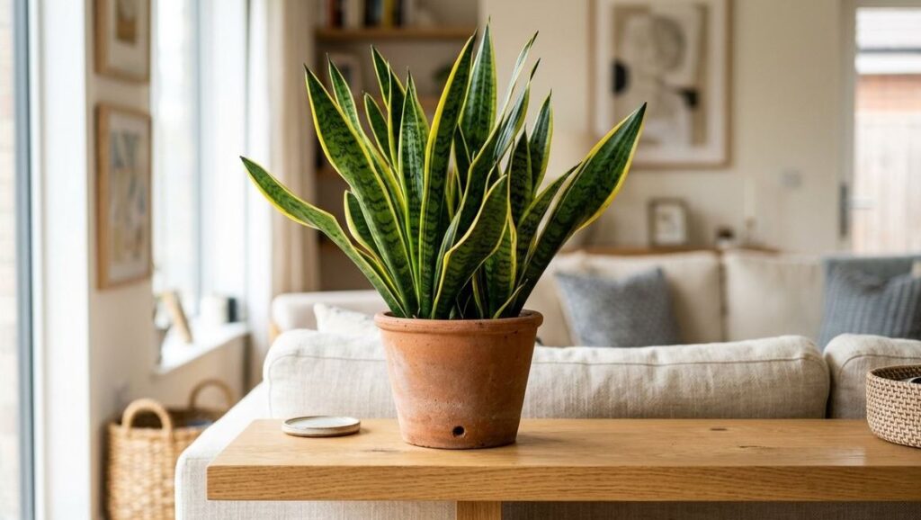 Healthy snake plant with yellow-edged leaves in terracotta pot on wooden shelf