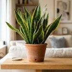 Healthy snake plant with yellow-edged leaves in terracotta pot on wooden shelf