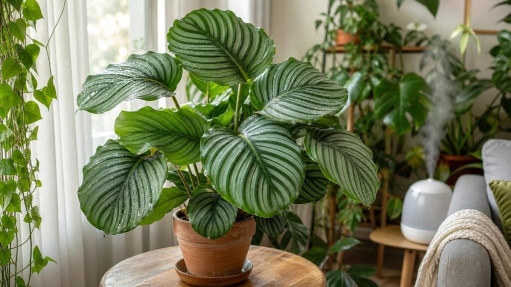 Healthy calathea orbifolia plant in bright indirect light near a window with humidifier