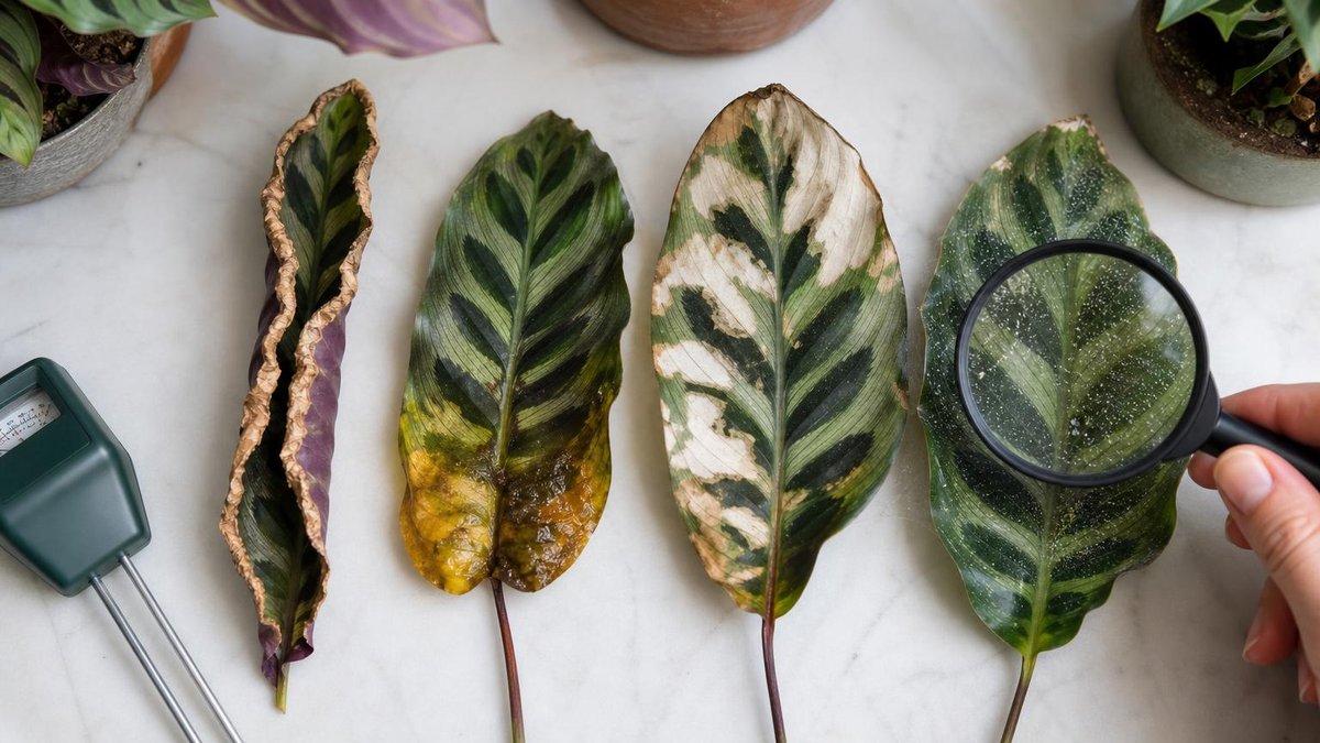 Four calathea leaves showing curling, yellowing, sun scorch, and spider mite damage for diagnosis