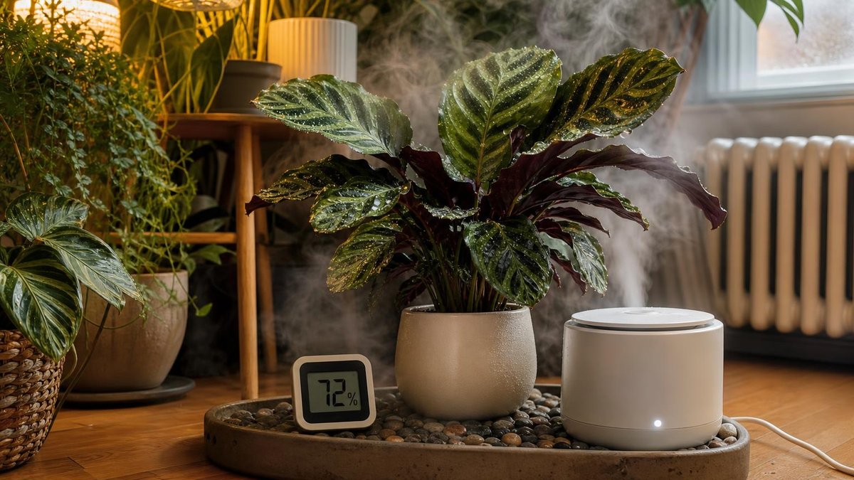 Calathea plant with humidifier and hygrometer showing 72 percent humidity at plant level