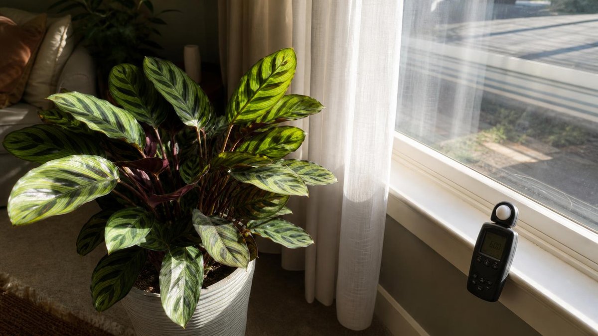 Calathea plant receiving bright indirect light through sheer curtains with light meter