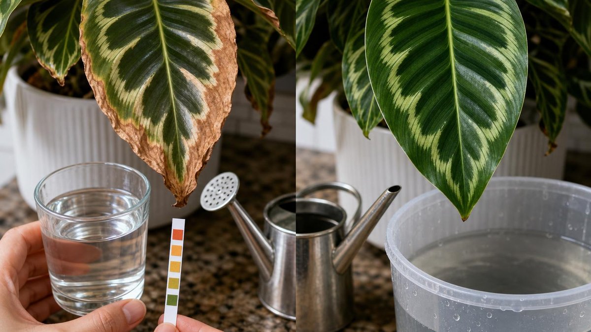 Comparison of calathea leaf damage from hard tap water versus healthy leaf with filtered water