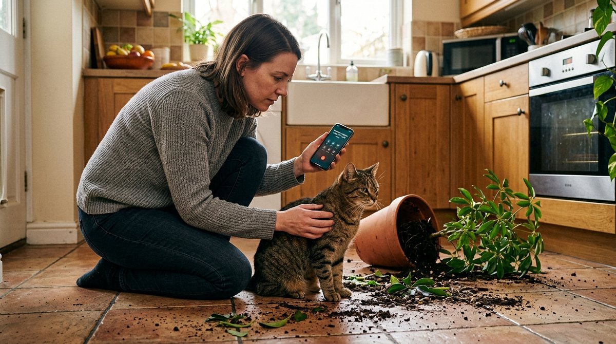 Pet owner checking on their cat after it ate a houseplant, calling a veterinary poison helpline