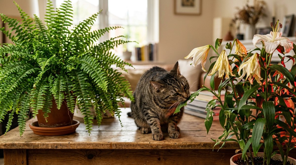 Cat chewing on a houseplant leaf indoors, illustrating why plant safety matters for cat owners