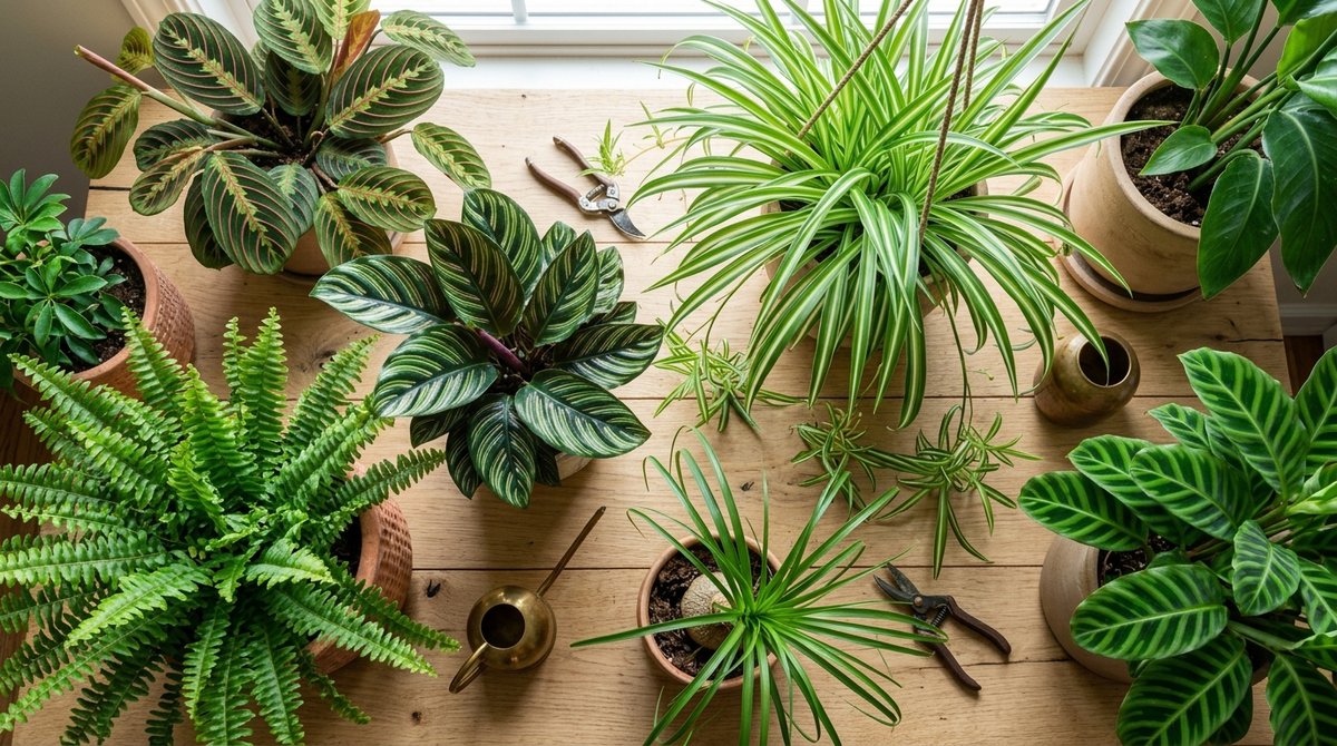 Collection of ASPCA-confirmed non-toxic cat-safe houseplants including Boston fern and spider plant