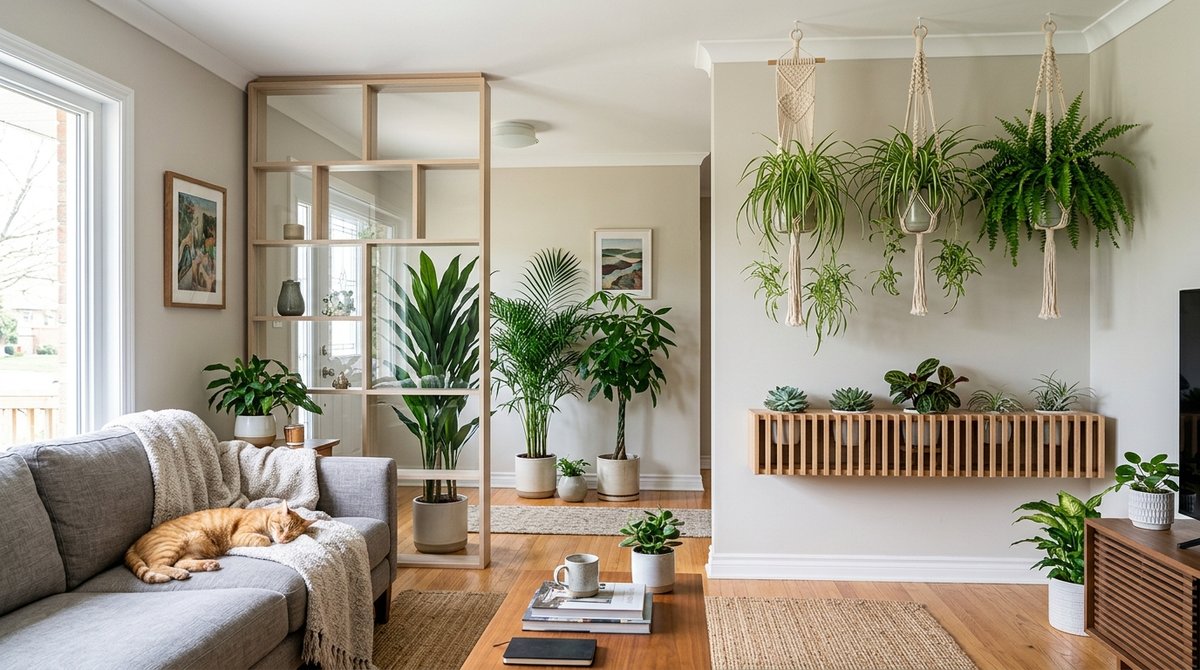 Cat-safe plant placement strategies showing hanging planters and high shelves in a modern home interior