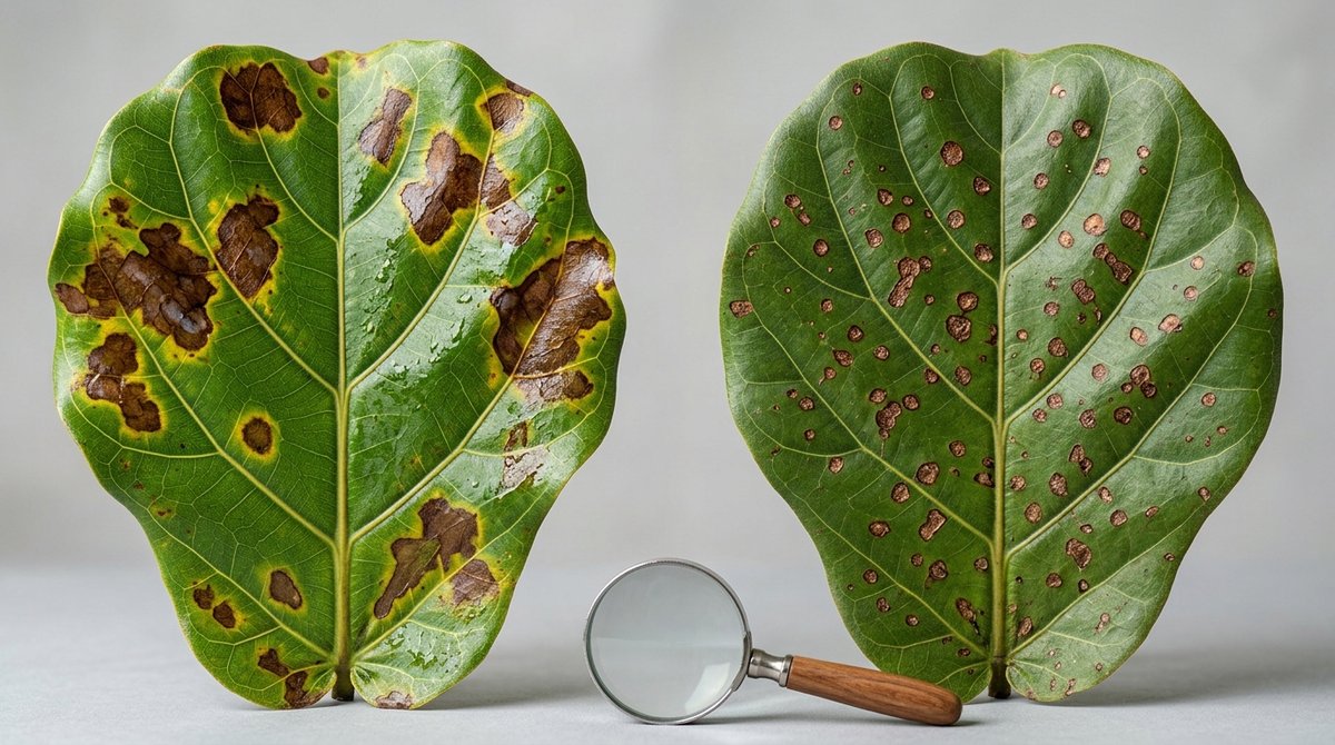 Comparison of bacterial leaf spot and edema brown spots on fiddle leaf fig leaves