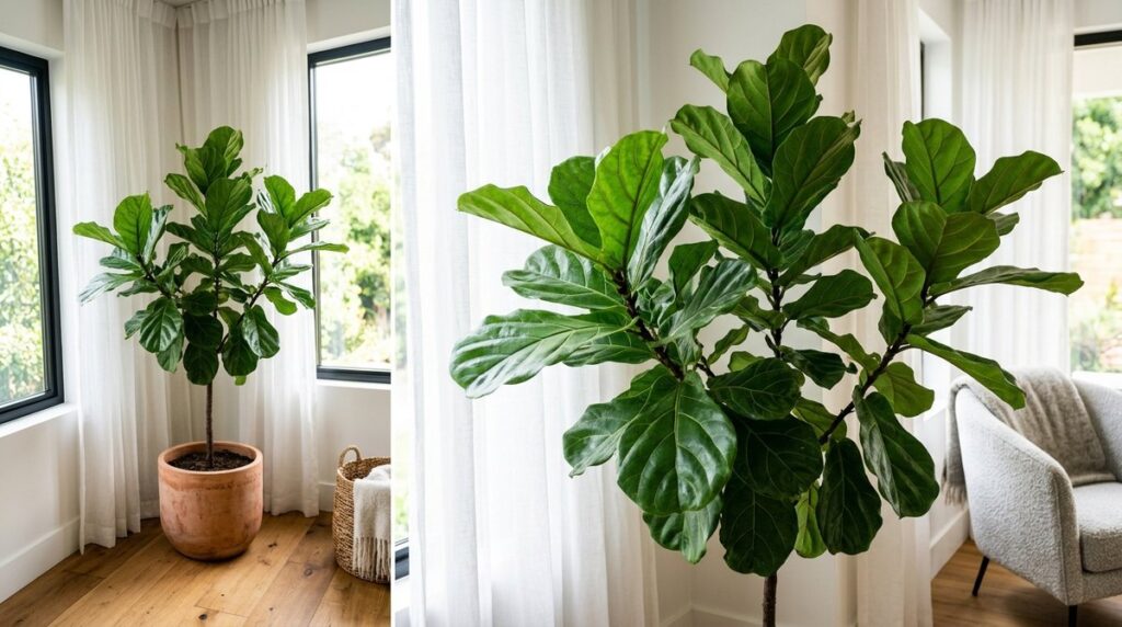 Healthy fiddle leaf fig tree in terracotta pot by bright window with filtered light