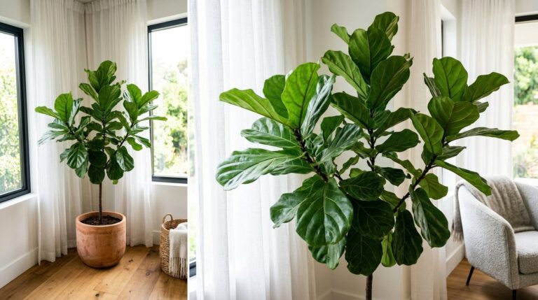 Fiddle leaf fig care guide Healthy fiddle leaf fig tree in terracotta pot by bright window with filtered light