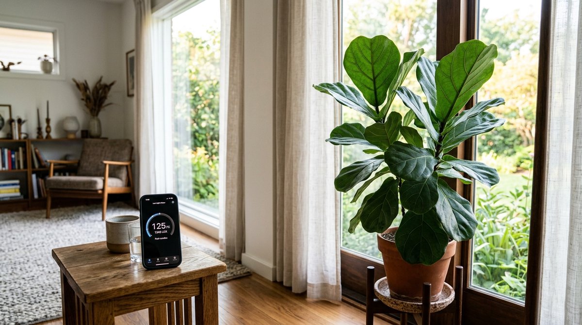 Fiddle leaf fig receiving bright indirect light through large window with light measurement