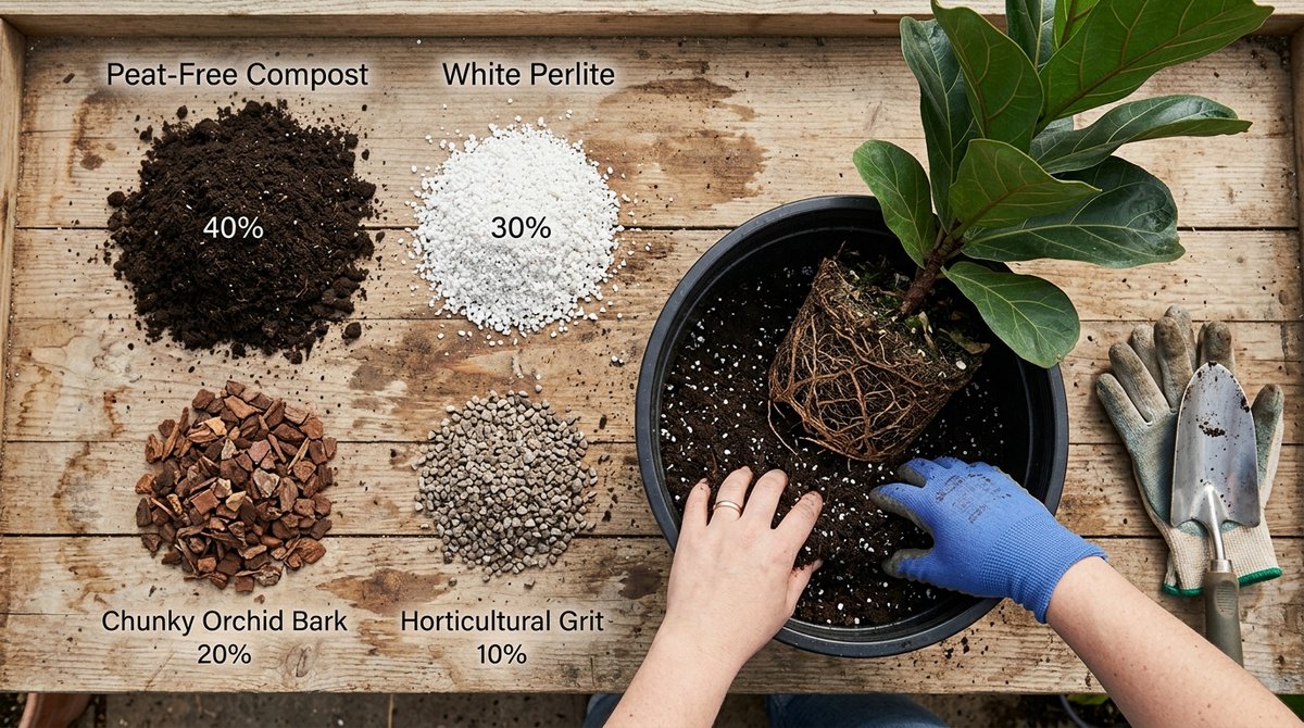 Components for fiddle leaf fig soil mix laid out for custom potting blend preparation