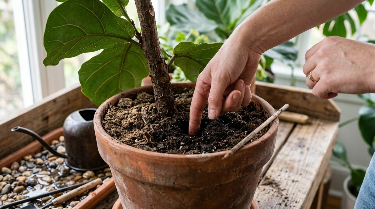 Hands checking soil moisture depth in fiddle leaf fig pot before watering