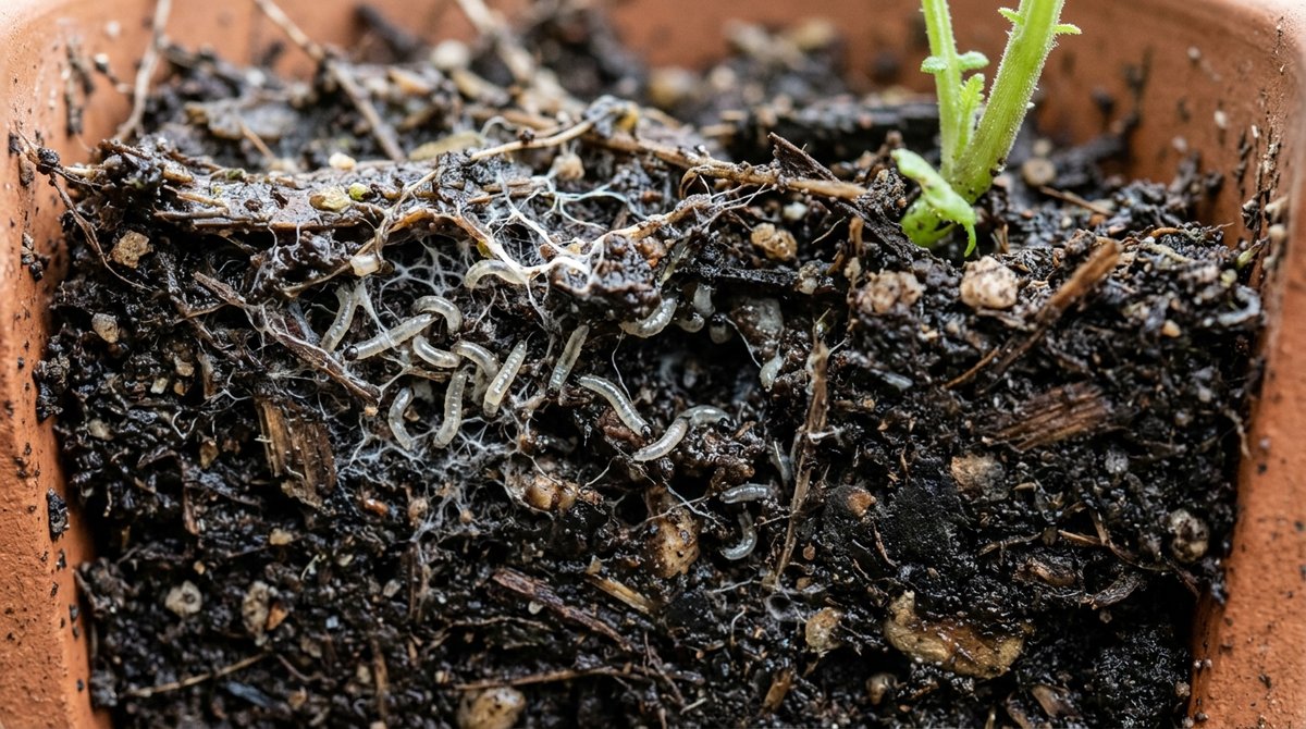 Macro view of translucent fungus gnat larvae in dark moist potting compost near plant roots