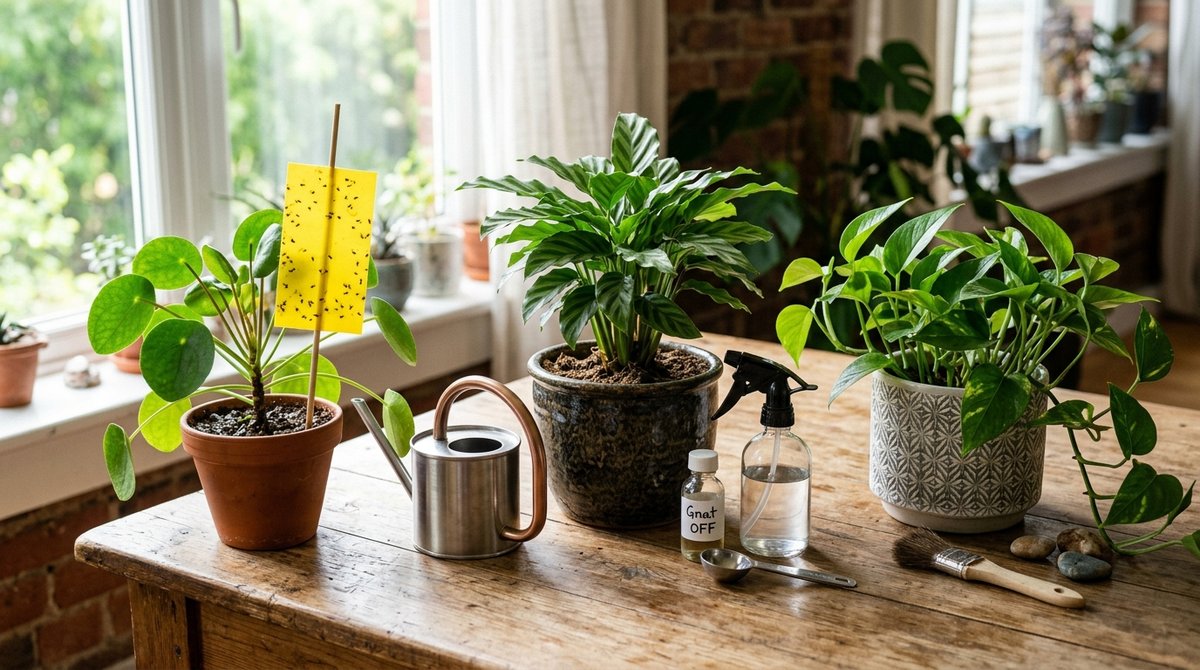 Houseplants on a table with a yellow sticky gnat trap in soil, spray bottle, and watering can for treatment