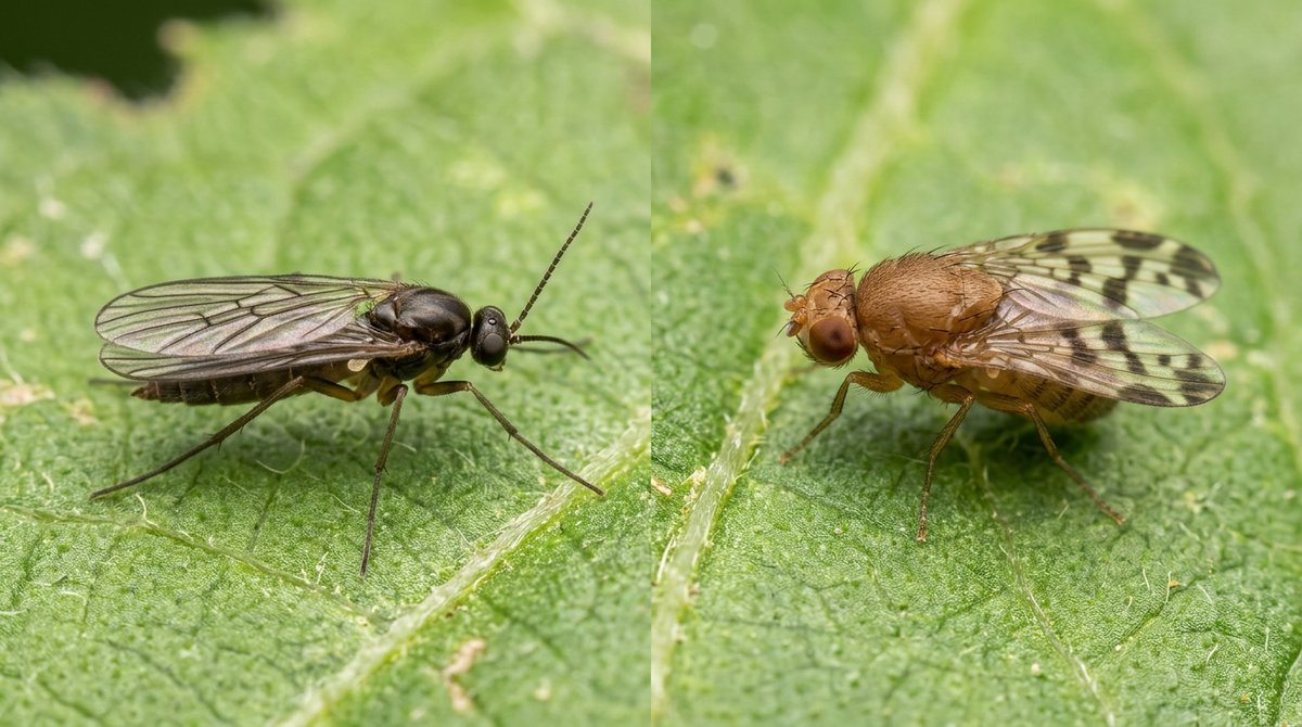 Macro photo comparing a dark slender fungus gnat and a tan fruit fly side by side on a leaf surface
