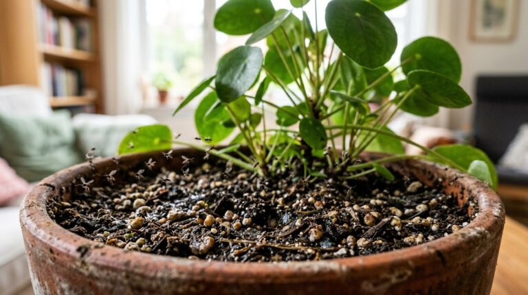 How to get rid of fungus gnats Tiny dark fungus gnats hovering above moist potting soil in a terracotta houseplant pot indoors