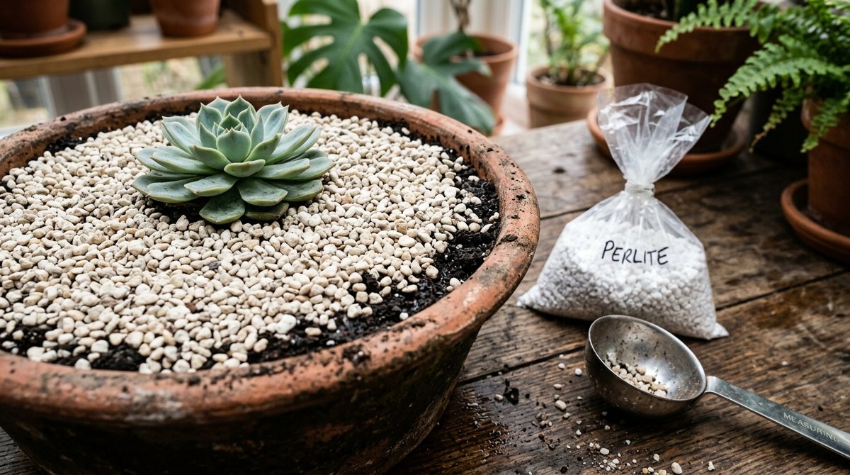 Houseplant pot surface covered with a layer of horticultural grit to prevent fungus gnat egg-laying