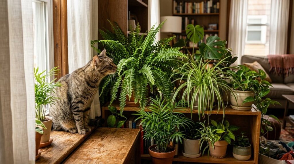Tabby cat exploring safe non-toxic houseplants on a sunny living room shelf