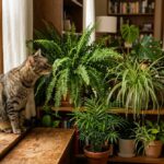 Tabby cat exploring safe non-toxic houseplants on a sunny living room shelf