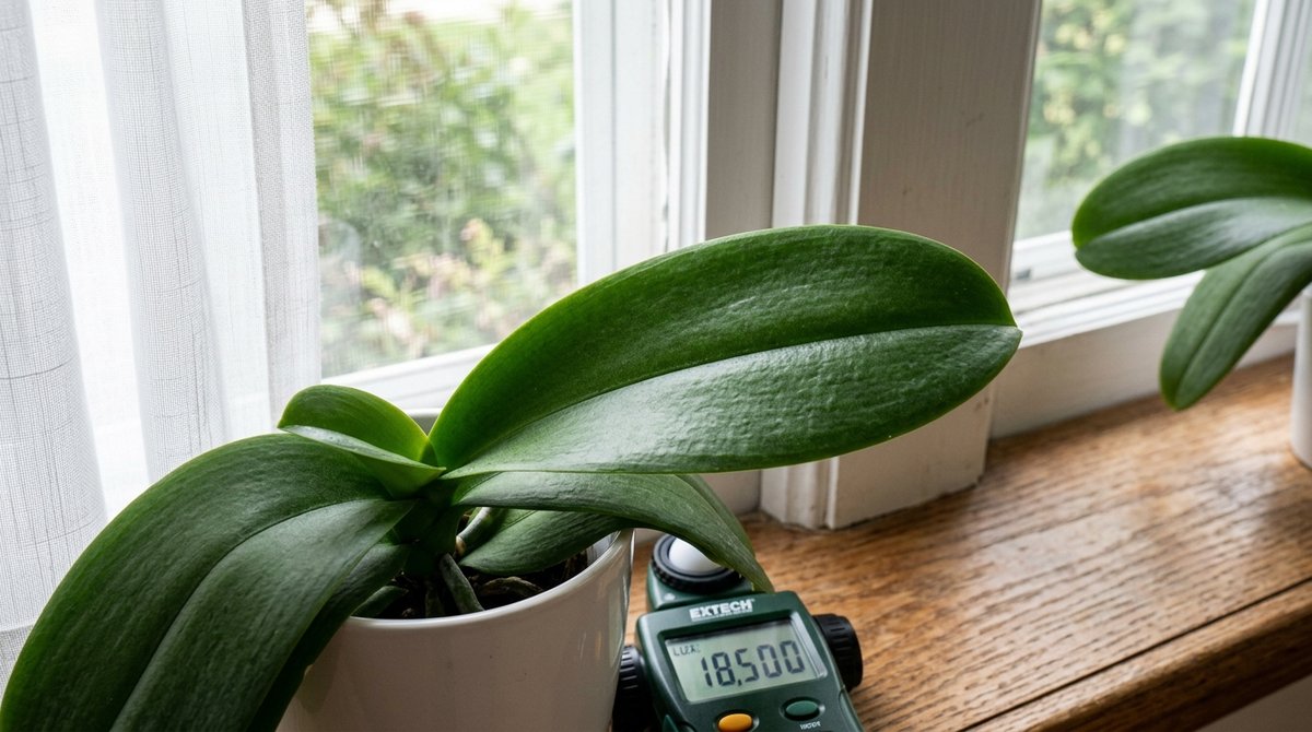 Orchid leaf receiving bright indirect light through east-facing window with sheer curtains