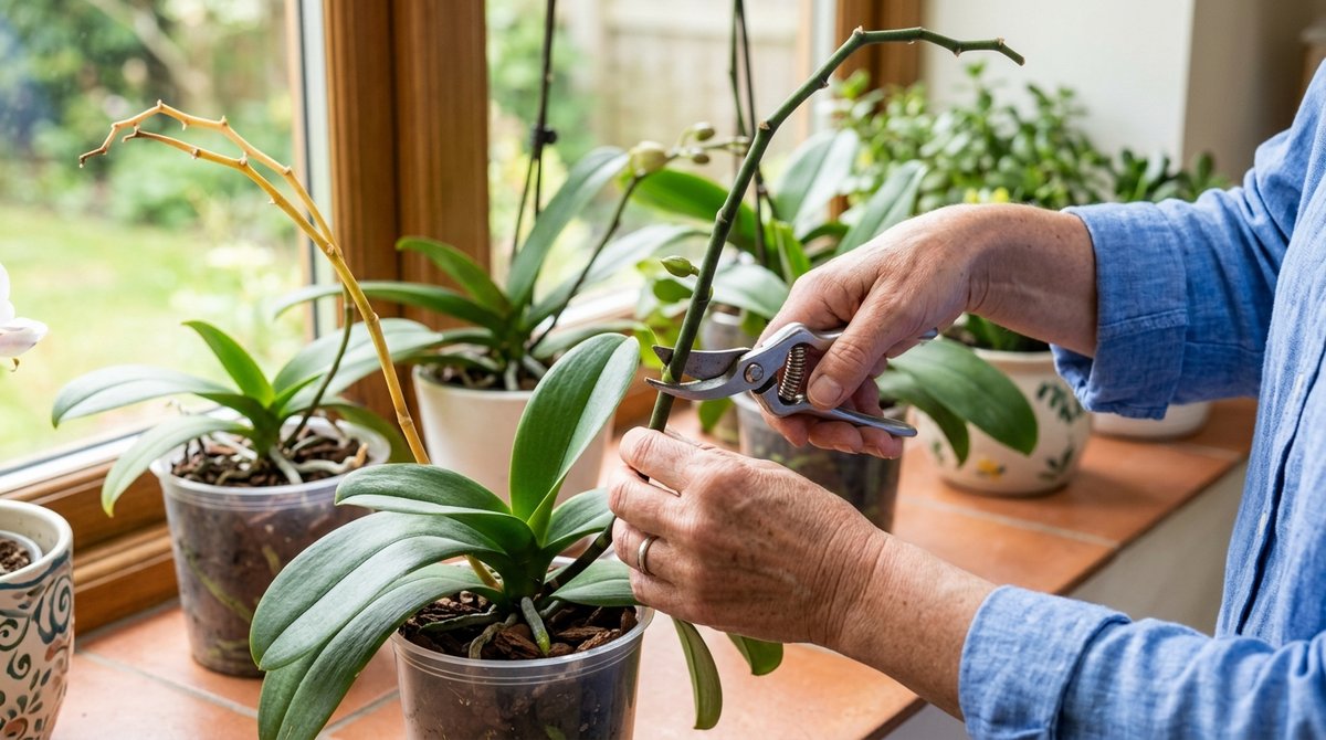 Hands trimming orchid flower spike above second node with clean pruning shears