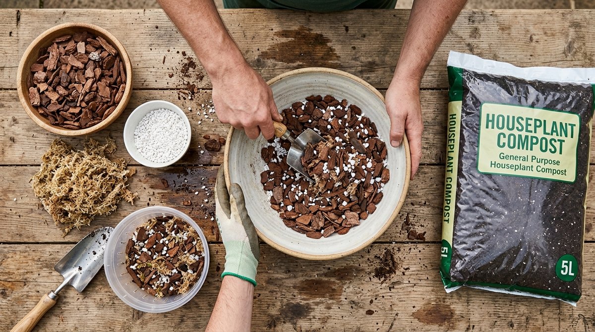 Hands mixing coarse bark chips and perlite for orchid potting mix on wooden surface