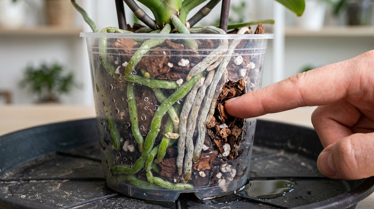 Close-up of orchid roots showing green hydrated and silvery dry roots in clear pot