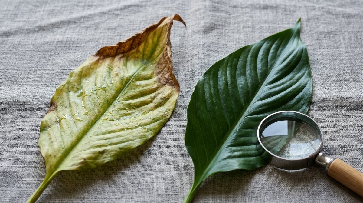 Comparison of damaged peace lily leaf with brown tips and healthy green leaf