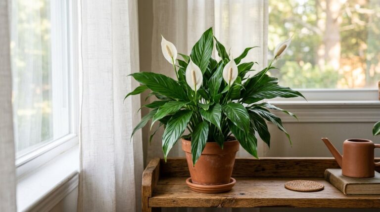 Healthy peace lily plant with white flowers in terracotta pot on wooden shelf near window