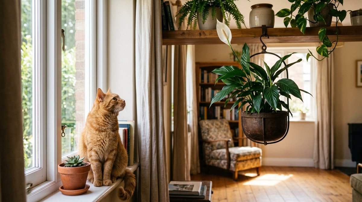 Cat on windowsill looking up at peace lily plant placed safely out of reach