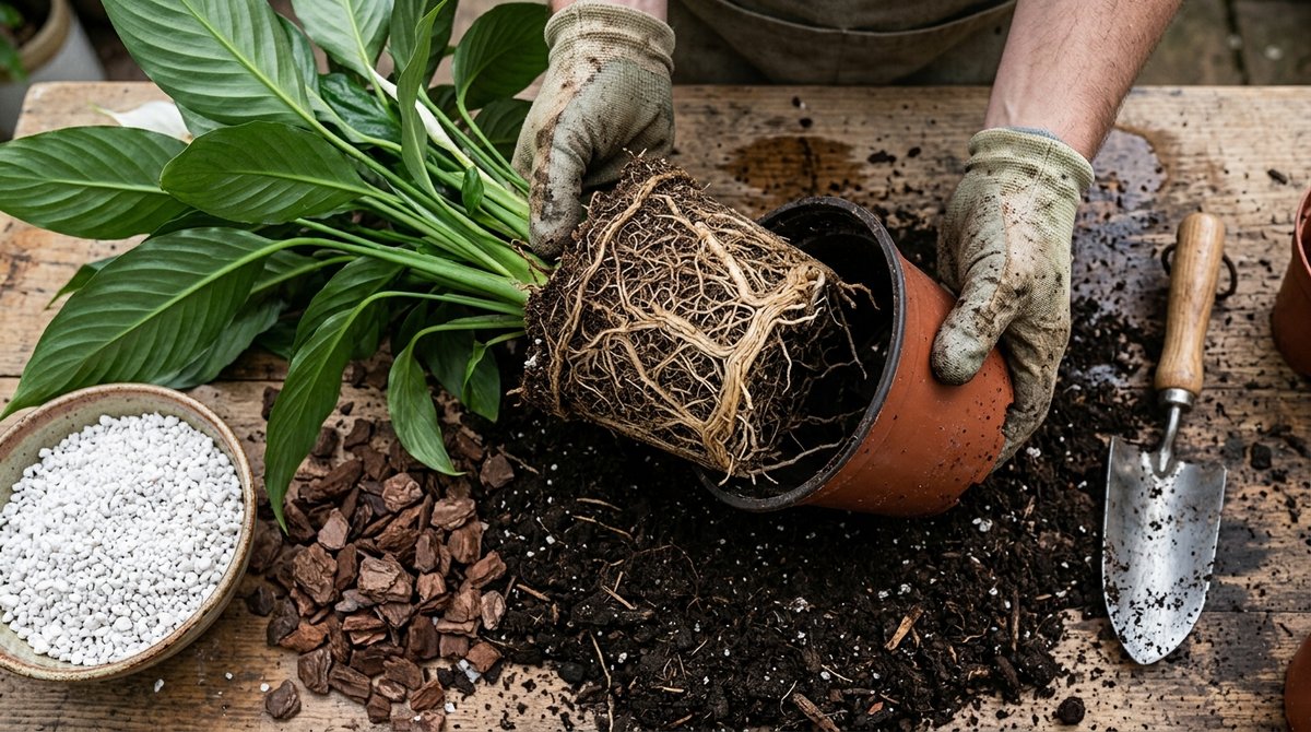 Peace lily root ball being repotted with fresh soil mix ingredients nearby