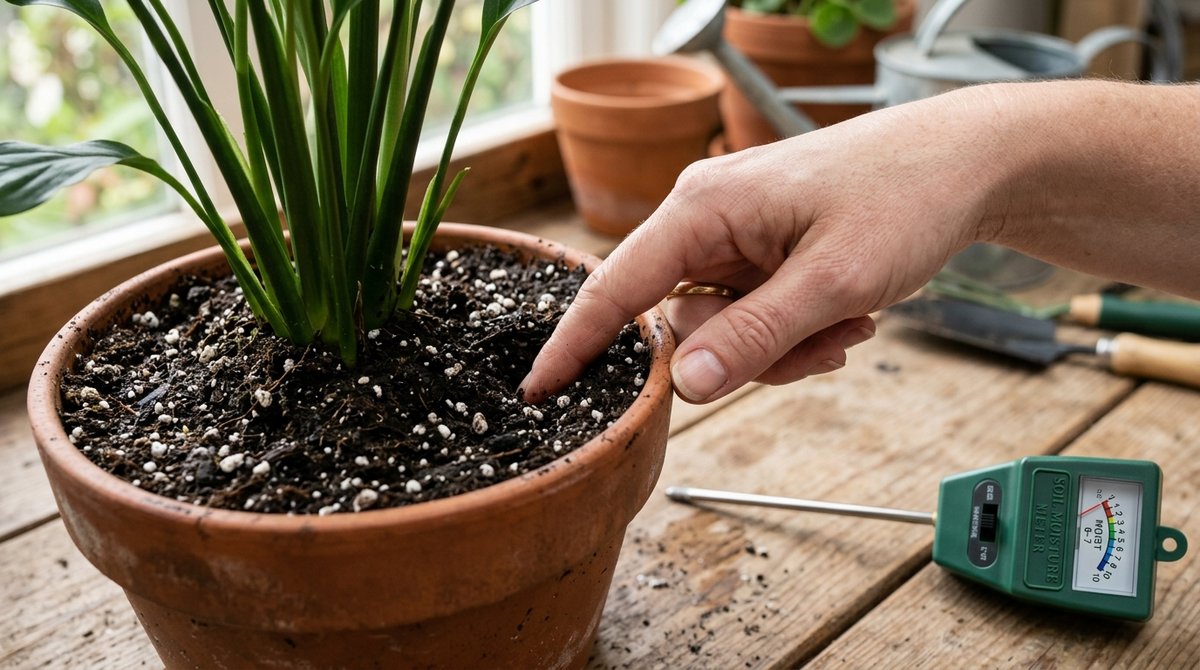 Hand checking soil moisture in peace lily pot with moisture meter nearby