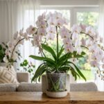 Healthy Phalaenopsis orchid with white and pink blooms in bright indoor setting near window