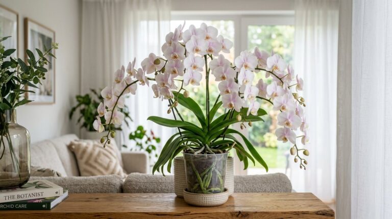 Orchid care guide Healthy Phalaenopsis orchid with white and pink blooms in bright indoor setting near window
