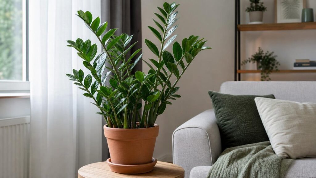 Healthy ZZ plant in terracotta pot on wooden table near window with natural light