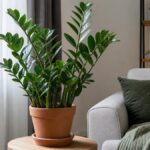Healthy ZZ plant in terracotta pot on wooden table near window with natural light