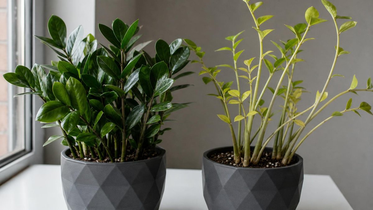 Comparison of compact ZZ plant in bright light versus stretched pale plant in low light