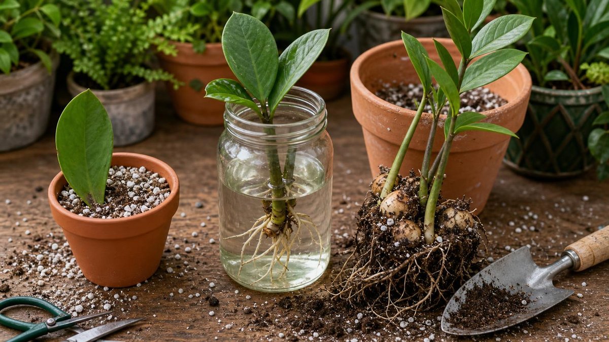 Three ZZ plant propagation methods: leaf cutting, stem cutting in water, and division