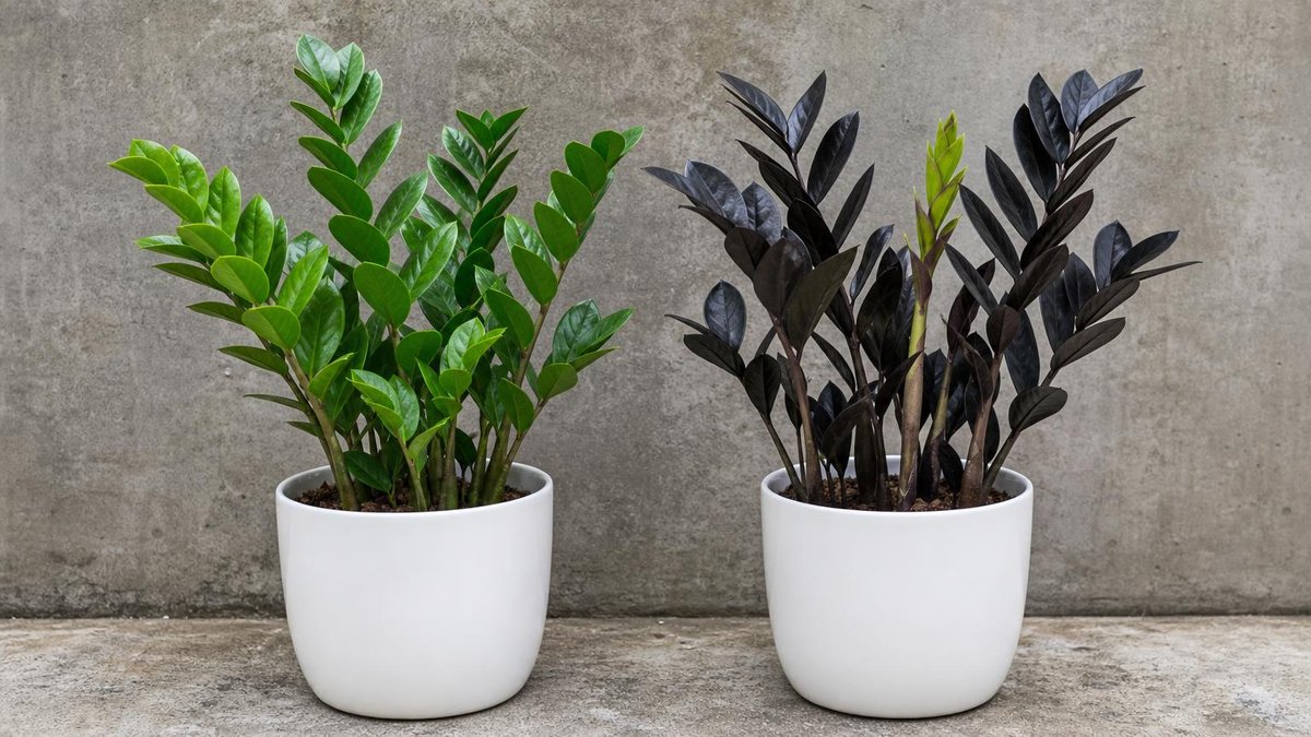 Classic green ZZ plant beside Raven cultivar with black leaves and new green shoot