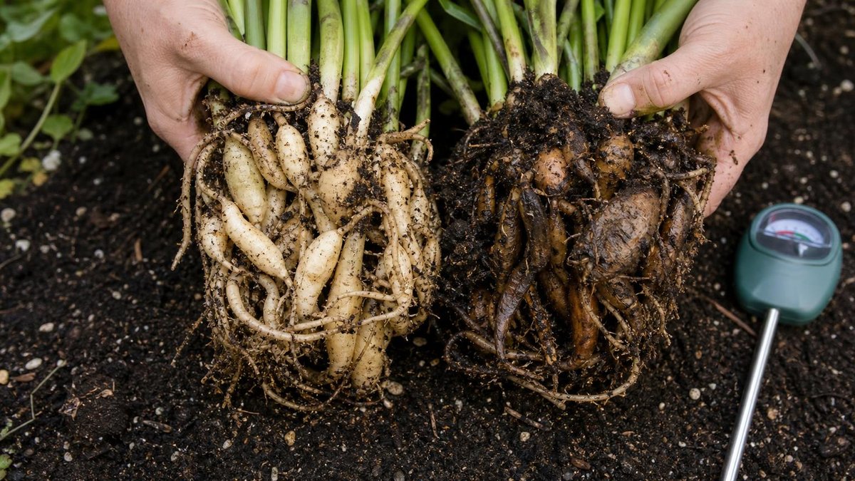 Hands showing healthy firm versus rotting mushy ZZ plant rhizomes with moisture meter